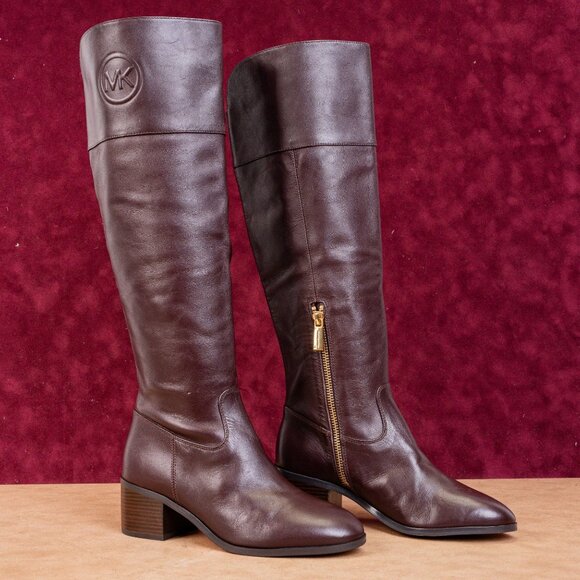 Michael Kors Women Dylyn MK Logo Leather Maroon Knee Boots 5.5M - Picture 1 of 10